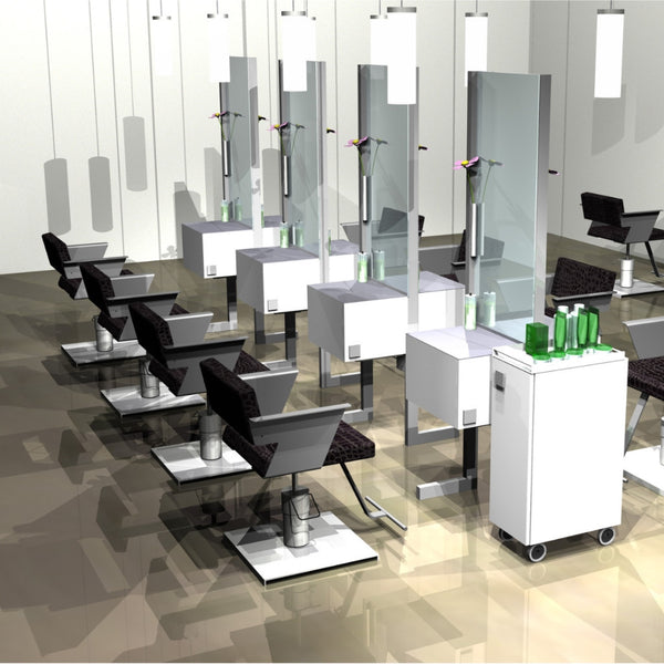 The About Face two sided cutting station shown in white/silver and in a row of 4 with Cutter chairs.