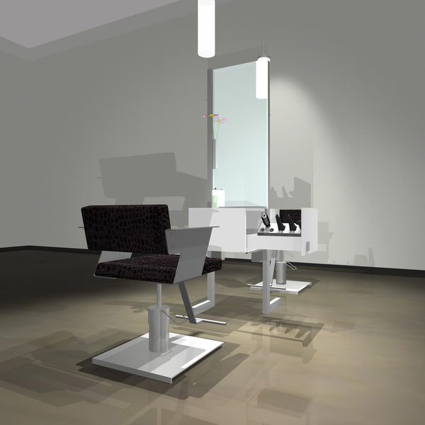 About Face two-sided station shown with Cutter chairs in white/silver finish.