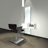 About Face Wall stylist station shown in white/silver finish with a Cutter styling chair.