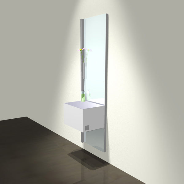 The About Face Wall cutting station is a wall mounted stylist station with a welded steel tubular frame with a powder coat finish and full length mirror.  Shown in white/silver finish.