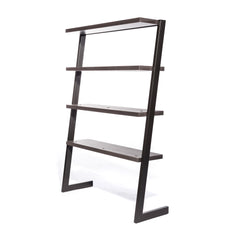 A 4-tiered, freestanding salon retail shelf display with unique geometry.