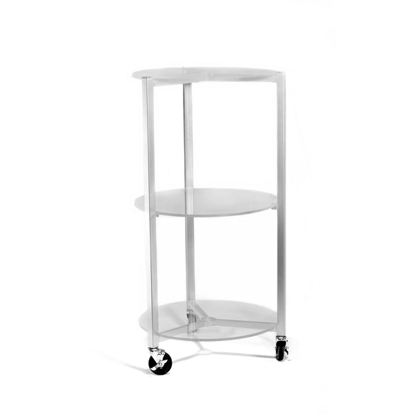 A fully welded steel frame, with a durable powder coated finish, supports three 3/8” clear acrylic shelves. Mobility and support are provided by 3-swivel casters.