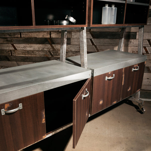 Detail view of the galvanized color bar counter and lower cabinets