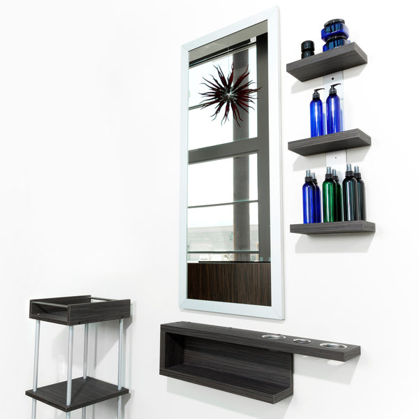 Shift shown in Moon Macassar finish and with mirror and retail shelf setup.  Make a shift from the ordinary with a modern wall stylist station.
