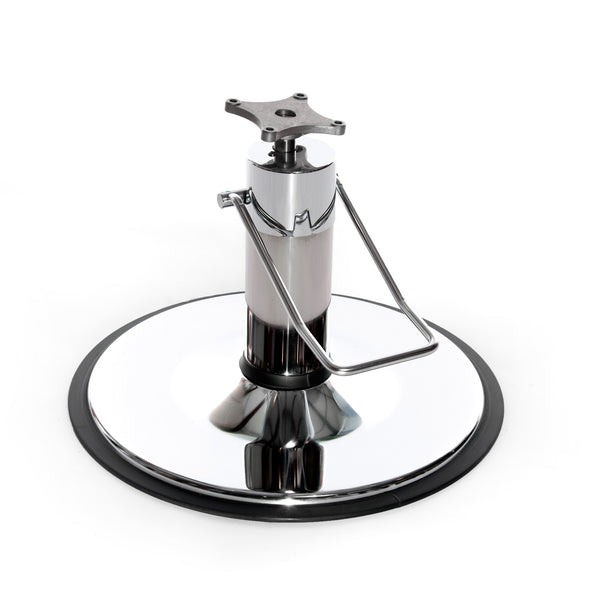 The Barber 5500 chair base features a 5.5-inch pump body, providing a hefty look beneath wide salon and barber chairs. Its 27-inch diameter base plate is constructed of heavy gauge steel to prevent bending.  Shown in Chrome.