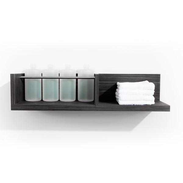 Two Fold is a dual function product dispense and towel shelf for the back bar. It features a laminate clad wood shelf for dry towels and a stainless steel bar retainer for liter bottles. Shown in Moon Macassar.