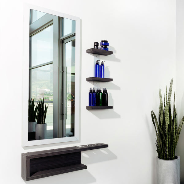 Two Deep is a simple and modern stylist station mirror with options in color and aluminum frame profile. It has a safety backed clear mirror and is cleat mounted to wall or cabinet.