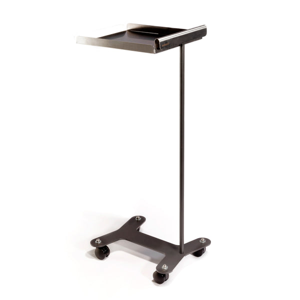 This salon cart has a steel base, powder coat finish, casters, stainless steel tray, removable for transport & cleaning
