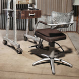 Bobtail styling chair shown in Galvanized and Chocolate finish with a Bluestreak two sided stylist station.