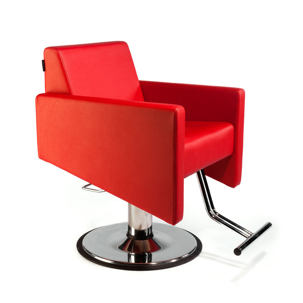 Cutter is a fully upholstered lounge type styling chair constructed in hard wood ply for durability.  The elegant foot rest is welded steel in a chrome plated finish.  Shown in lipstick red upholstery with a round pump base.