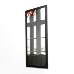 Two Deep is a simple and modern stylist station mirror with options in color and aluminum frame profile. It has a safety backed clear mirror and is cleat mounted to wall or cabinet.  Shown in Runway style and Black finish.