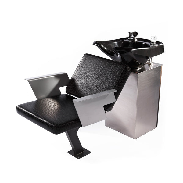 Notch Bak Wash shampoo chair has formed aluminum arms and upholstered cushions stitched and wrapped in faux leather. Adjustable back rest provides a comfortable fit for all. The hand crafted steel base frame is fully welded and finished in powder coat paint. A stainless work top caps the stainless steel sink cabinet.