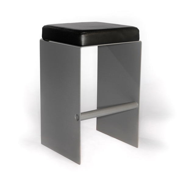 Yoo contemporary stool is great for a reception or make up counter. Yoo combines an aluminum base & footrest in powder coated silver, and upholstered seat cushion in synthetic leather.