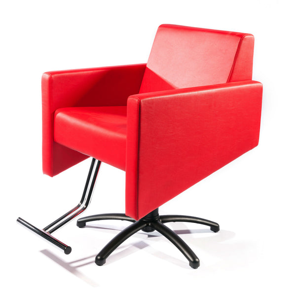 Cutter lipstick red upholstered styling chair shown with a black star pump base.